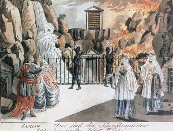 Tamino and Pamina before the temple, scene from 'The Magic Flute' by Wolfgang Amadeus Mozart (1756-91), illustration from Allgemeines Europaisches Journal, published 1795 - view 1