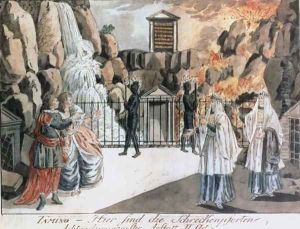 Tamino and Pamina before the temple, scene from 'The Magic Flute' by Wolfgang Amadeus Mozart (1756-91), illustration from Allgemeines Europaisches Journal, published 1795 by Joseph & Peter Schaffer