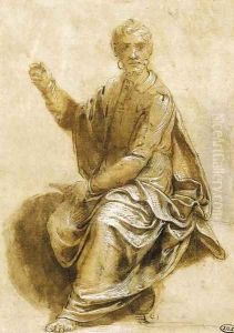 A seated figure, his right hand raised by Girolamo Siciolante Da Sermoneta