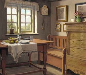 A bowl of apples on a partially draped table before a sunlit window by Carl Frederik Sorensen
