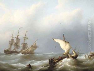 Dutch shipping offshore in a heavy swell, the merchantman flying her identification number 43 by Martinus Schouman