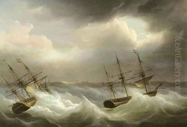Threemasters in distress off the coast - view 1