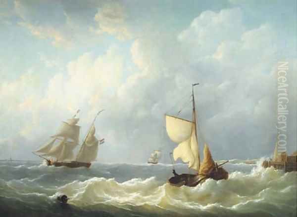 Dutch sailing vessels on choppy waters by a jetty - view 1