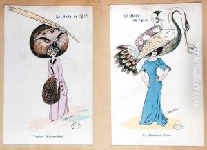 The Eagle Owl Fur Hat and The Crane Hat, cartoon fashion plates, 1910 by Xavier Sager