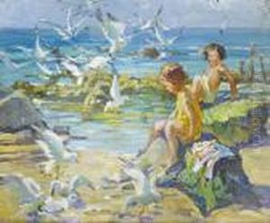 Children Playing On The Rocks With Gulls