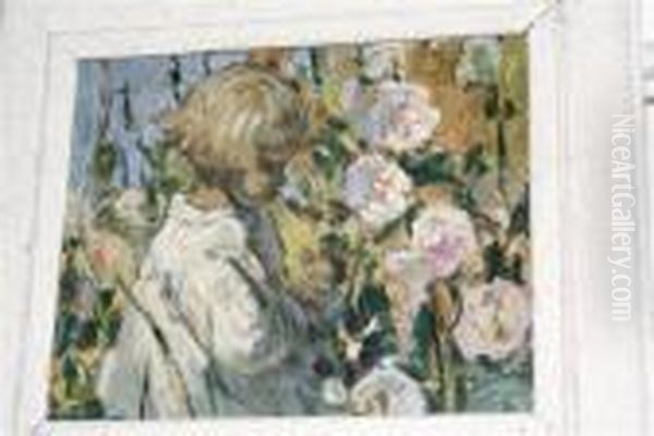 Study Of A Blonde Haired Girl Standing Amongst Pink Flowers - view 1