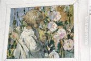 Study Of A Blonde Haired Girl Standing Amongst Pink Flowers by Dorothea Sharp