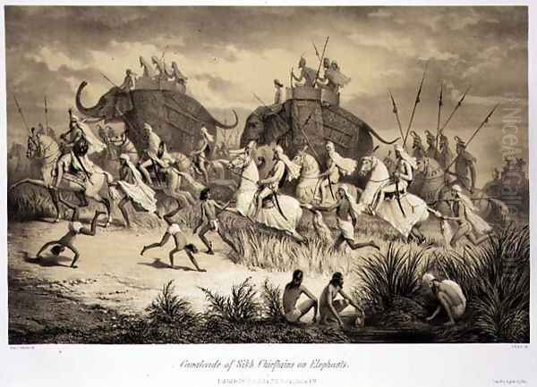 Cavalcade of Sikh Chieftains on Elephants, from 'Voyage in India', engraved by Louis Henri de Rudder 1807-81 pub. in London, 1858 - view 1