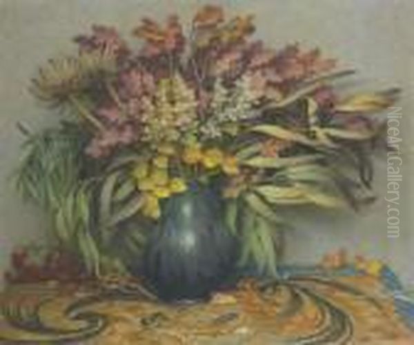 Still Life With Autumn Leaves, Chinese Vase And Embroidery - view 1