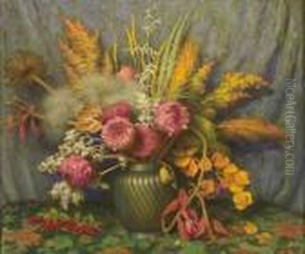 Autumn Flowers, Weeds, Grasses And Seed Pods In Chinesevase - view 1