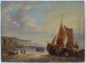 A Beach Scene With Fishermen Unloading Their Catch