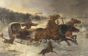 Wolves attacking travellers in a troika