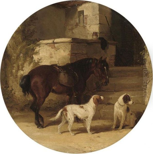 A Pony And Two Dogs Before A Doorway - view 1