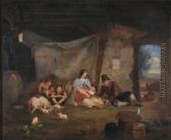A Family Resting In A Barn With Piglets And Chickens - view 1