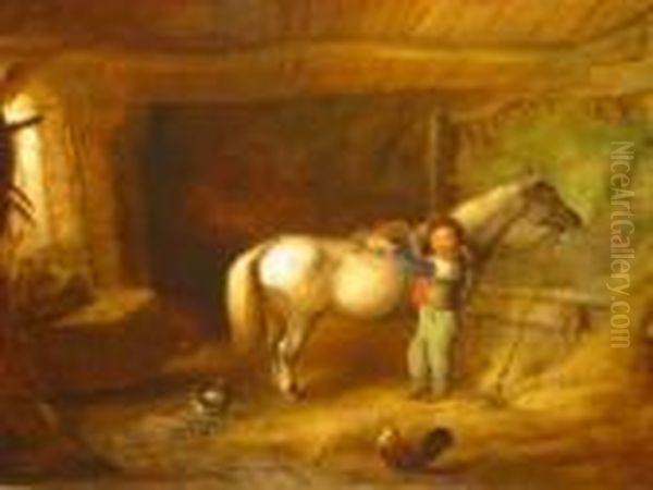 Barn Interior With Boy Saddling Up A Grey Pony - view 1