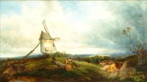 Shayer Cattle And A Logteamin A Landscape With Windmill by William Joseph Shayer