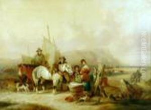 A Busy Fishing Scene With Figures, Horses, Cattle And Boats by William Joseph Shayer
