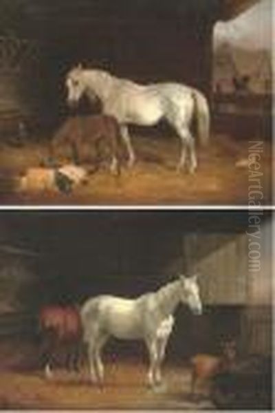 Horses And A Goat In A Stable - view 1