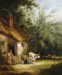 A Peasant Family Outside A Woodland Cottage