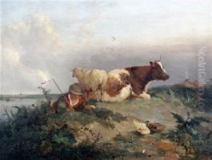 Youth, Sheep And A Cow Resting On A Bank