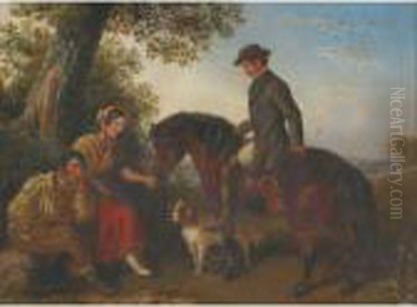 Gentleman Rider And His Dog Greeting A Gypsy Couple In Awood - view 1