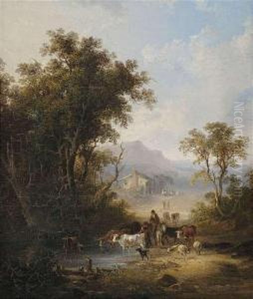 Cattle Herdat A Watering Hole, In The Background Extensive Landscape With Aninn. - view 1