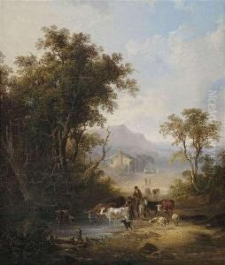 Cattle Herdat A Watering Hole, In The Background Extensive Landscape With Aninn.