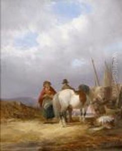 Fisherfolk With A Horse, Boats And Their Catch On A Beach