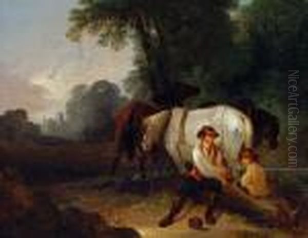 Ploughmen Resting, A Church Tower Visible Inthe Distance - view 1