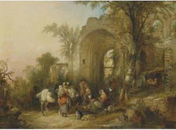 Travellers Resting By The East Window Of Netley Abbey - view 1