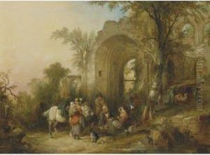 Travellers Resting By The East Window Of Netley Abbey by Snr William Shayer