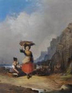Fisher Girls On The Beach by Snr William Shayer