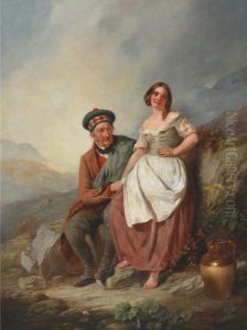 Scottish Lass With An Elder Highlander In A Mountainouslandscape by Snr William Shayer
