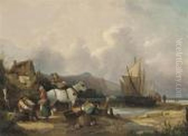 Fisherfolk On The Beach, Unloading The Catch - view 1