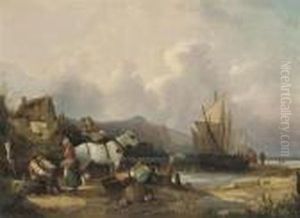 Fisherfolk On The Beach, Unloading The Catch by Snr William Shayer