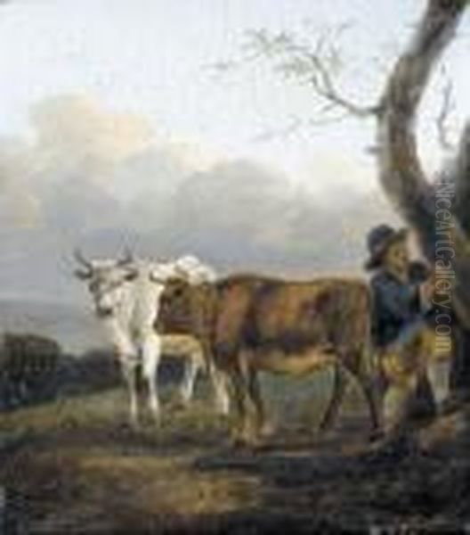 Bauernjunge Mit Zwei Kuhen. - view 1