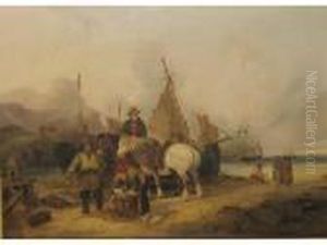 Fisherfolk On A Beach With Sailing Vessels Beyond by Snr William Shayer