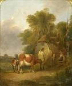 Figures With Cow And Calf At A Cottage Gate