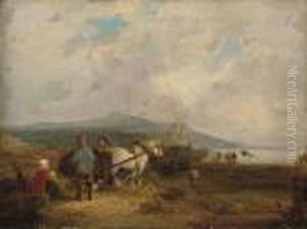 Kelp Gatherers On A Beach With Boats Beyond - view 1