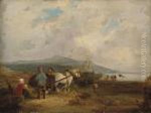 Kelp Gatherers On A Beach With Boats Beyond by Snr William Shayer