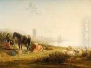 Travellers With Horse, Sheep And Cattle, Bythe Coast by Snr William Shayer