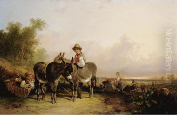 Boys And Donkeys Resting Along A Wayside - view 1
