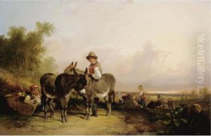 Boys And Donkeys Resting Along A Wayside by Snr William Shayer