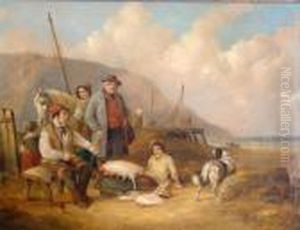 Fisherfolk On The Shore by Snr William Shayer