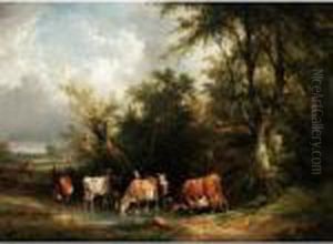 Cattle Watering In A Pool by Snr William Shayer