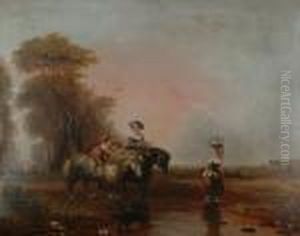 Figures On Horseback Crossing A Stream. by Snr William Shayer