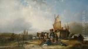 Fisherfolk, Boats And Horses On The Foreshore by Snr William Shayer
