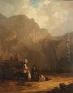 Fisherfolk Chatting On The Shore, Alum Bay by Snr William Shayer