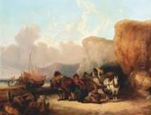 Fisherfolk On The Beach by Snr William Shayer