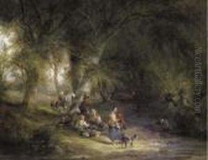 A Gypsy Encampment In A Wooded
Landscape By A River, With Severalfigures, Donkeys And A Dog In The
Foreground by Snr William Shayer